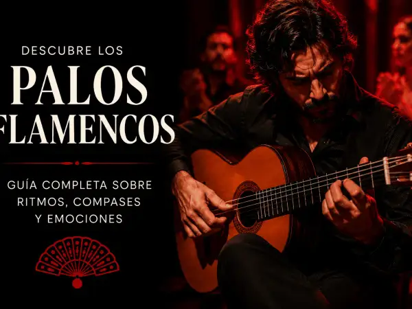 Un guitarrista flamenco toca con pasión, explorando los 10 palos del flamenco. Una guía completa sobre ritmos, compases y emociones.