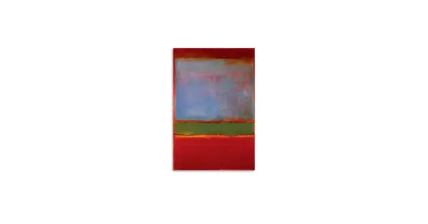 Abstract painting no. 6 (violet, green and red) features soft, rectangular blocks of color: deep red at the top and bottom, a vibrant green in the middle, and a hazy blue-violet in between.