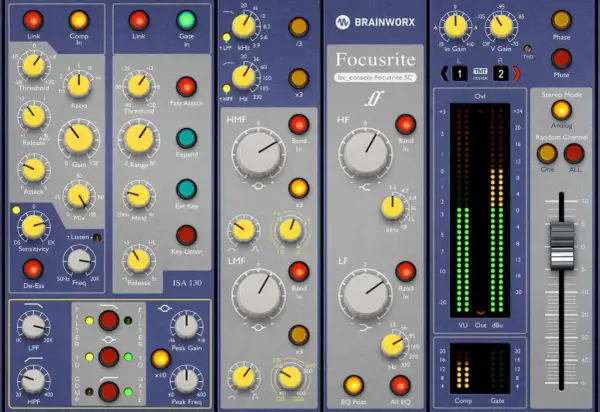 Focusrite bx_console Focusrite SC, a free channel strip plugin, features EQ, compression, and gate modules.