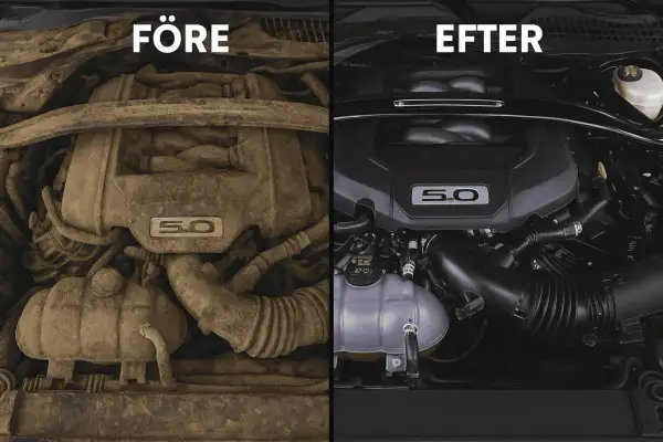 Före och efter-bild på en smutsig och en ren motor. Synliga motorns delar, inklusive "5.0"-emblemet, visar en dramatisk skillnad.