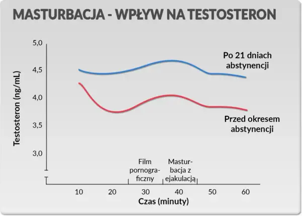 Wykres pokazuje, czy masturbacja obniża testosteron. Po 21 dniach abstynencji poziom testosteronu jest wyższy niż przed okresem abstynencji.