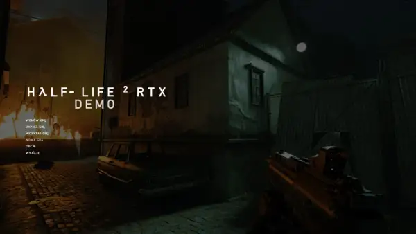Menu gry Half-Life 2 RTX. Widać fragment broni, samochód i budynki w mroku.