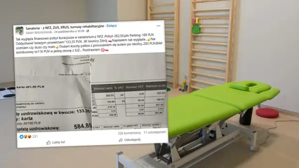 Faktura z sanatorium: pobyt 133,35 PLN, parking 189 PLN, paliwo 116 PLN. Całkowity koszt pobytu w sanatorium to 584,85 PLN.