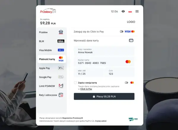 Płatność kartą 59,28 PLN na Przelewy24. Zapisz dane w Click to Pay, by ułatwić przyszłe transakcje. Czy masterpass co to? To system płatności.