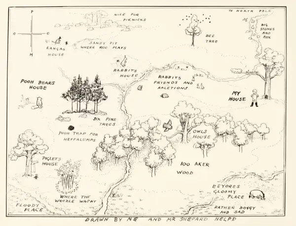 Mapa Stu Akrowego Lasu z Kubusiem Puchatkiem i przyjaciółmi. Znajdują się tu domy Kubusia, Prosiaczka, Królika, Kłapouchego, a także miejsca takie jak "Piaskownica, gdzie bawi się Kangurzyca" czy "Pułapka na Puchatki".