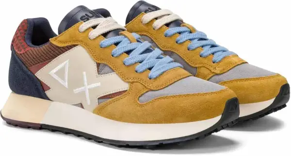 Scarpe uomo SUN68 gialle con lacci azzurri e dettagli colorati. Stile casual e moderno per un look vivace.