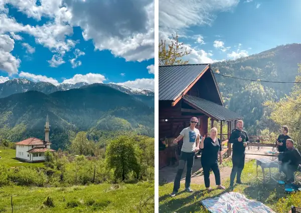 Vue d'un village avec une mosquée au pied des **peaks of the Balkans**. À droite, un groupe d'amis profite d'un barbecue devant un chalet en bois.