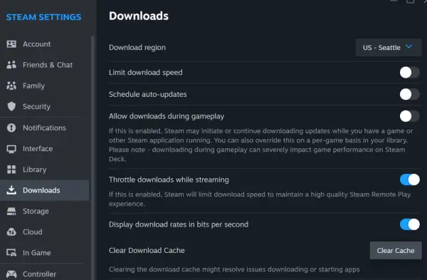 Ustawienia pobierania w Steam. Czy Steam jest darmowy? Tak, pobieranie gier i korzystanie z platformy jest bezpłatne.