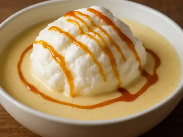Île flottant, un délice aérien comme une recette de grand-mère, baignant dans une crème anglaise onctueuse et décoré de caramel.