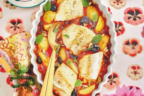 Piatto di baccalà alla romana in teglia con pomodoro, patate, olive e pinoli, guarnito con basilico fresco.