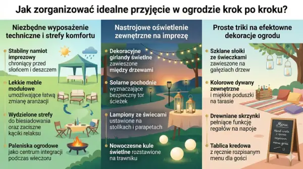 Namiot, girlandy, pochodnie, słoiki ze świecami i dywany tworzą idealną atmosferę na wieczorną imprezę pod namiotem w ogrodzie.