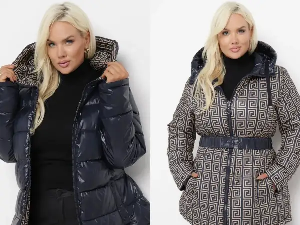 Dwie modne kurtki plus size: błyszcząca granatowa i wzorzysta z paskiem.