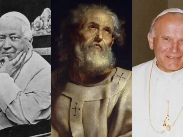 Trzy portrety papieży: Pius IX, św. Piotr i Jan Paweł II. Czy któryś z nich był najdłużej panującym papieżem?