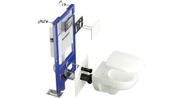 Vue éclatée d'un système Geberit pour le raccordement wc suspendu, montrant le bâti-support, la plaque de déclenchement et la cuvette.