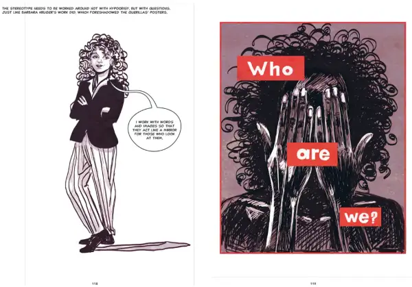 Contemporary feminist art: a woman with curly hair in a suit speaks of mirrors, while another figure hides their face behind hands, with text asking "Who are we?".