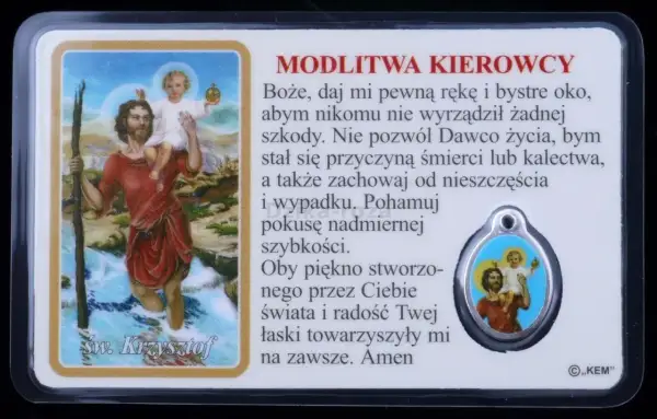 Obrazek z modlitwą do św. Krzysztofa, przedstawiający świętego niosącego Dzieciątko Jezus.