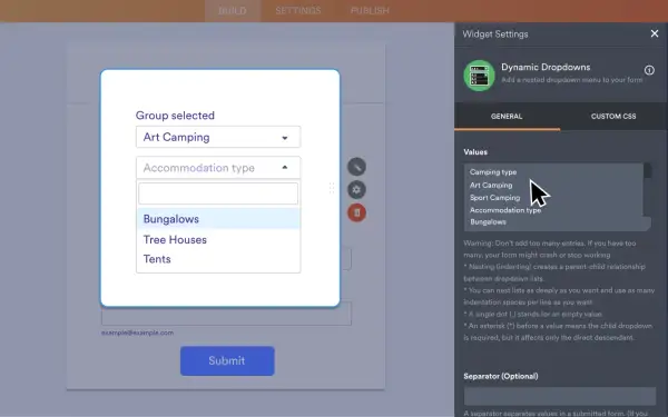Paramètres de widget : "Art Camping" sélectionné, avec "Bungalows" en surbrillance. Le menu déroulant "Camping type" semble sur le point d'imploser.