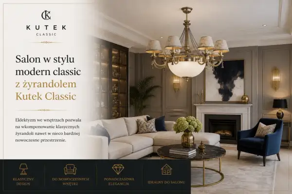 Ekskluzywny salon w stylu modern classic z żyrandolem Kutek Classic. Polski producent żyrandoli tworzy ponadczasową elegancję.
