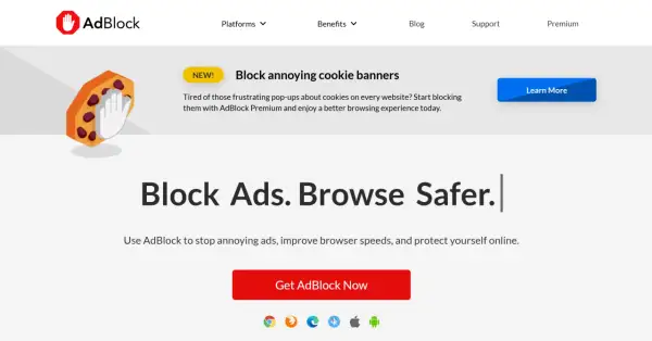 Zablokuj irytujące banery cookie i reklamy dzięki AdBlock. Ciesz się bezpieczniejszym przeglądaniem.