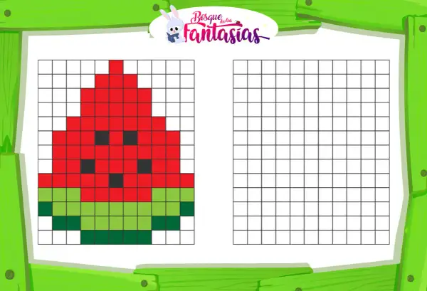 Hoja de actividades con dibujos pixel art faciles y bonitos de una sandía para colorear.