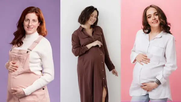 Tres mujeres embarazadas muestran estilos de moda: overol rosa, vestido marrón y camisa blanca. Ideas para como vestir embarazada.