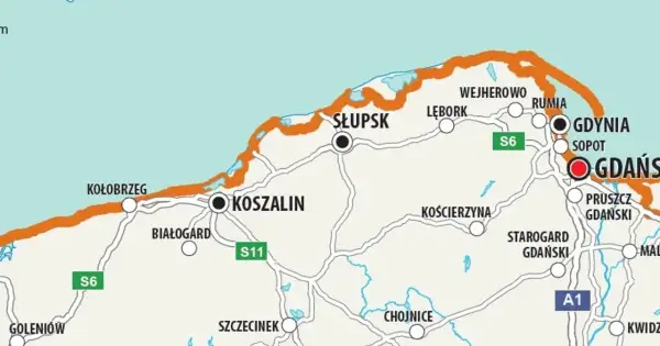 Mapa Polski z zaznaczoną pomarańczową trasą rowerową nad morzem, biegnącą od Kołobrzegu przez Koszalin, Słupsk, Lębork, Wejherowo, Rumię, Gdynię, Sopot aż do Gdańska.