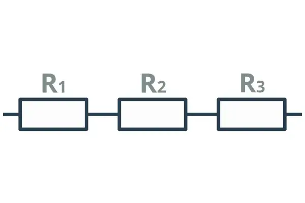 Schemat obwodu elektrycznego z trzema rezystorami R1, R2, R3 połączonymi szeregowo.