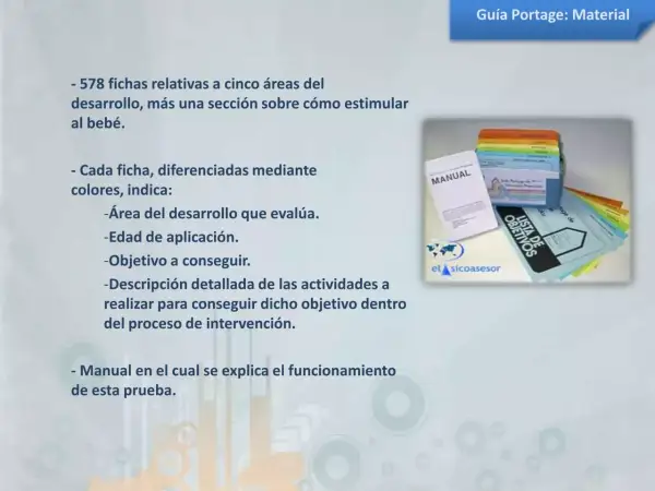 Material de la Guía Portage: fichas de desarrollo por colores, manual y lista de objetivos para estimular al bebé.
