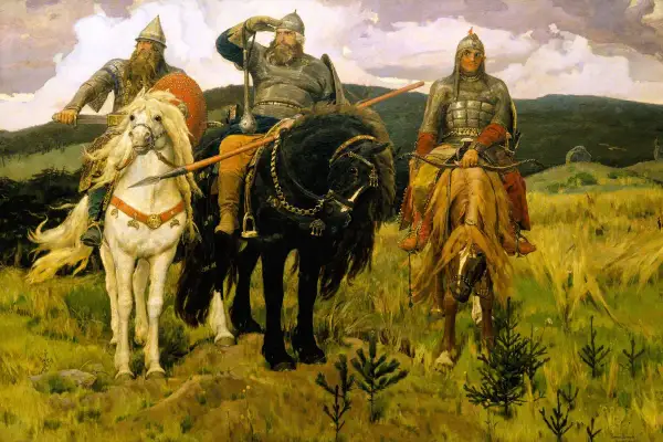 Tre ryttare i rustning, med svärd och båge, rider på sina hästar genom ett fält. En av dem, en **Volga bil**, blickar ut över landskapet.