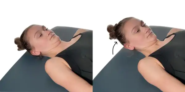 Demonstration of neck training: a woman lies on her back, then tilts her head to the side, showing what neck training does for flexibility.
