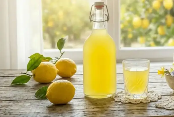 Limoncello fatto in casa: limoni freschi, una bottiglia e un bicchiere di liquore giallo brillante. Ricetta limoncello 1 litro alcool.