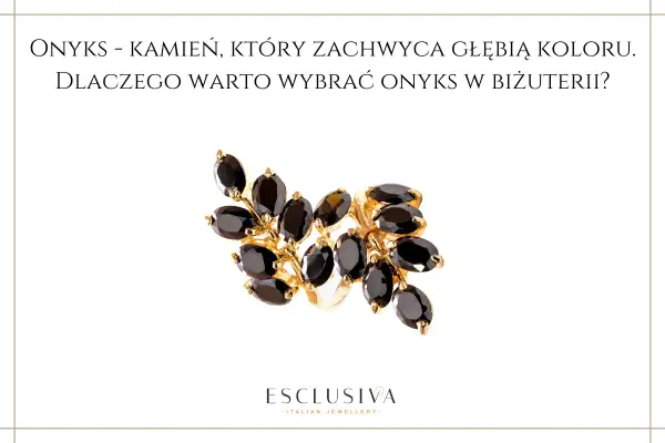 Złoty pierścionek z wieloma czarnymi kamieniami. Kamień onyks czarny znaczenie w biżuterii jest głębokie i tajemnicze.