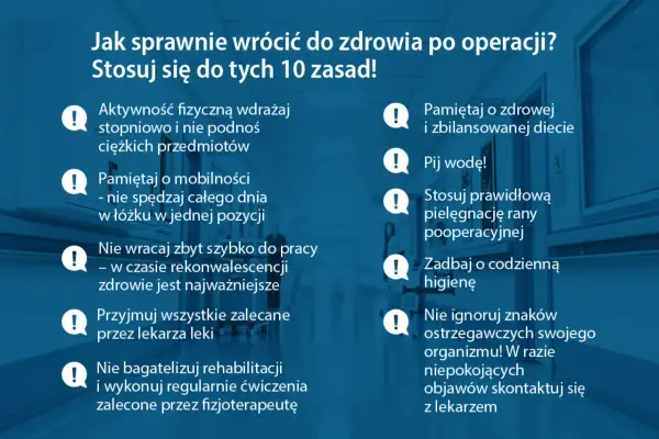 Zasady powrotu do zdrowia po operacji: dbaj o dietę, pij wodę, stosuj prawidłową pielęgnację rany, by rana mogła oddychać.