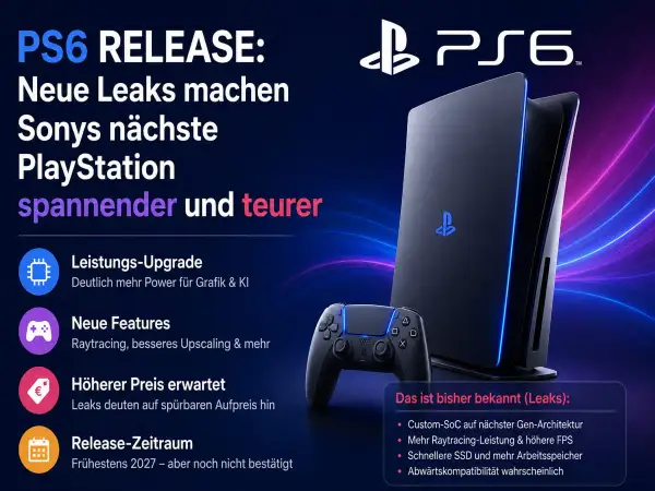 Die PlayStation 6, mit Controller und Konsole, verspricht mehr Leistung und Features. Leaks deuten auf einen höheren Preis und Release 2027 hin.