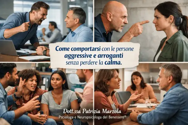 Immagini di persone in discussione, con testo: "Come comportarsi con le persone aggressive e arroganti senza perdere la calma.