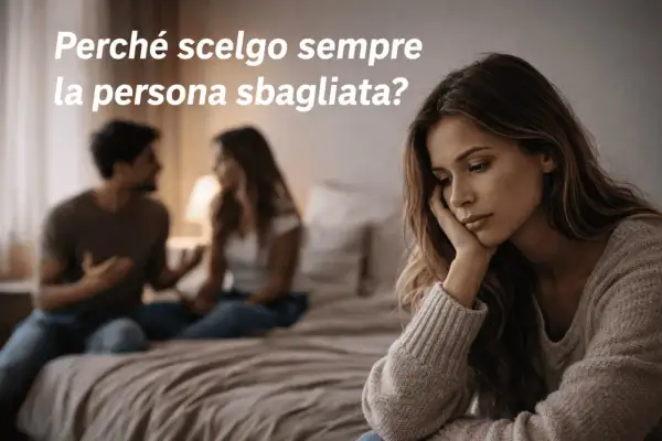 Una donna pensierosa, mentre sullo sfondo una coppia discute. Il momento in cui un uomo si rende conto di aver sbagliato.