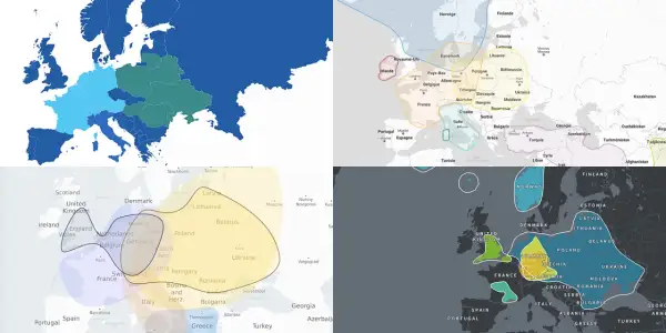 Cartes de l'Europe montrant des régions génétiques. Un test généalogie gratuit pourrait révéler vos origines.