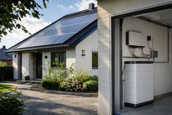 Nowoczesny dom z panelami słonecznymi na dachu i systemem magazynowania energii. W garażu widoczny biały bank energii.