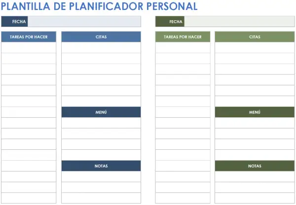 Dos plantillas para planificar tu día: una para tareas y citas, otra para menú y notas.