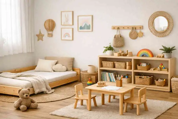 Stanza giochi bambini con lettino, tavolino, sedie, libreria e decorazioni naturali. Idee per arredare con stile e funzionalità.
