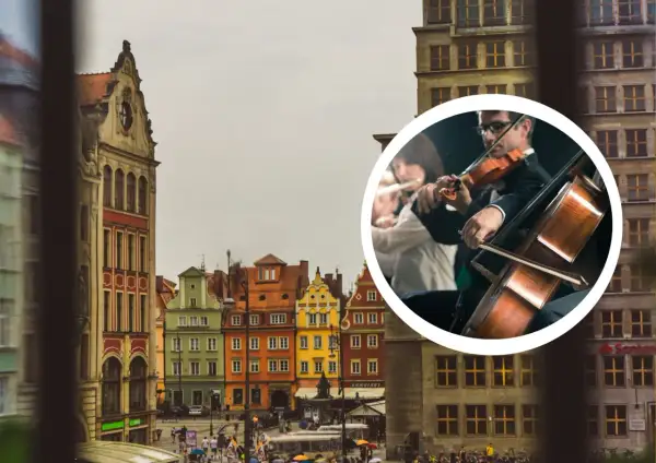 Koncert kameralny na tle kolorowych kamienic we Wrocławiu.