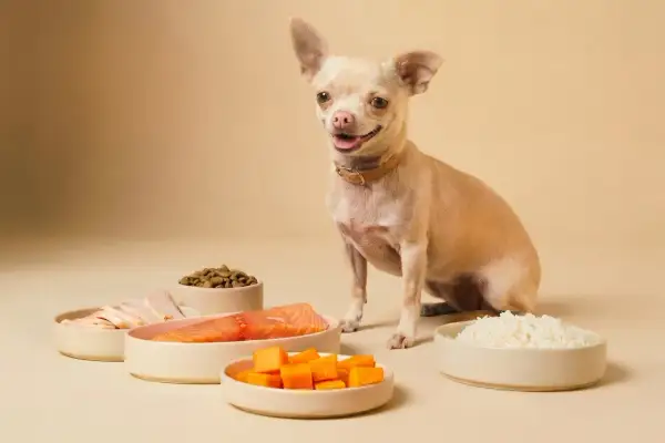 Chihuahua sonriente junto a ingredientes para comida casera: salmón, pollo, calabaza, arroz y croquetas.