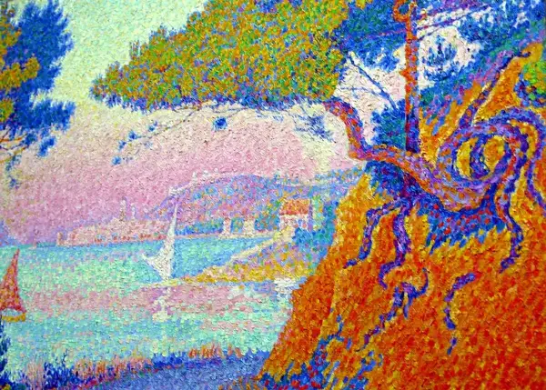 A vibrant pointillism painting depicts a coastal scene with sailboats. The style of pointillism artists is evident in the colorful dots creating the landscape.