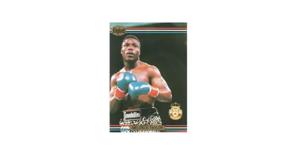 Boxing card featuring Meldrick Taylor in blue gloves, ready to fight. A glimpse into his legendary meldrick taylor boxrec career.
