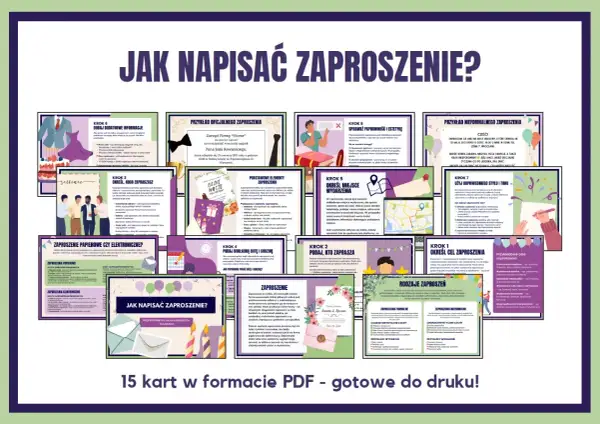 Grafika przedstawia 15 kart z poradnikiem "Jak napisać zaproszenie?", z przykładami i wskazówkami.