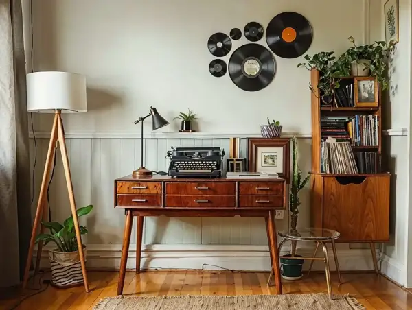 Biurko z maszyną do pisania, lampa, płyty winylowe na ścianie i regał tworzą idealne retro, vintage wnętrze.