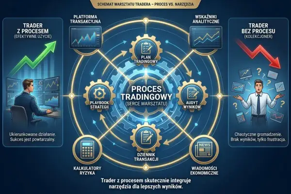 Schemat pokazuje, jak trader z procesem osiąga rozwój mentalny, integrując narzędzia jak platforma transakcyjna, analizy i planowanie, w przeciwieństwie do chaotycznego tradera bez procesu.