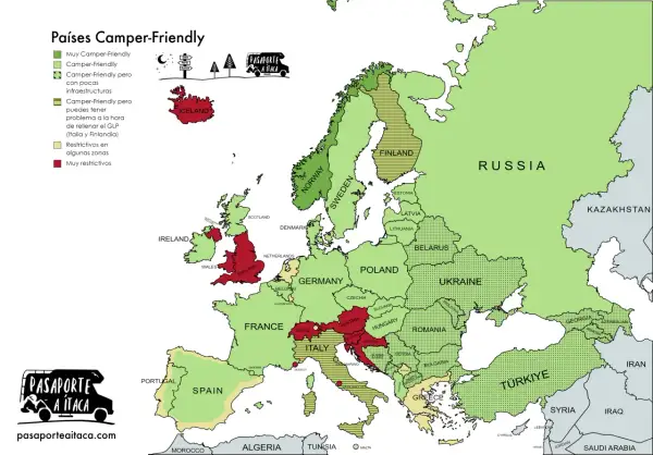 Mapa de Europa con países clasificados por su facilidad para viajar en autocaravana. Destacan los países más seguros de Europa para este tipo de turismo.