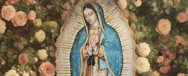 Obraz Matki Bożej z Guadalupe otoczony różami. Modlitwa nowenna do Matki Bożej z Guadalupe.