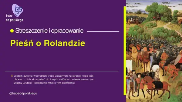 Ilustracja przedstawia scenę bitwy z "Pieśni o Rolandzie", epickiego poematu rycerskiego, gatunek literacki.